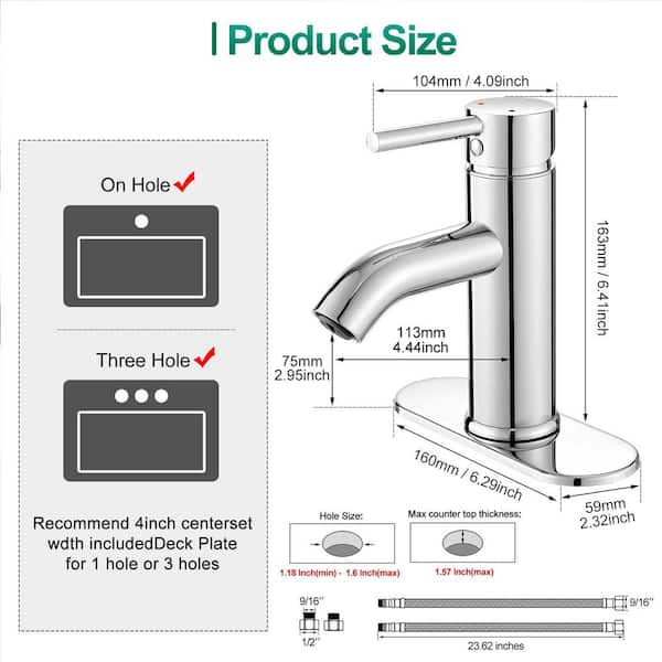 1-Piece Bathroom Sink Faucet Bathroom Hardware Set with 1-Handle and Deck Plate in Chrome, for Bathroom Lavatory
