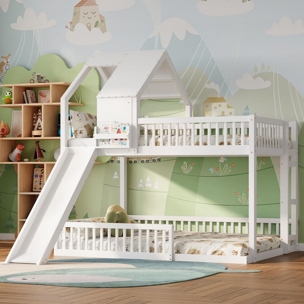White Solid Wood+MDF Full XL over Queen Bunk Bed with Slide and Built in Ladder for Kids price history on PriceWatchPro