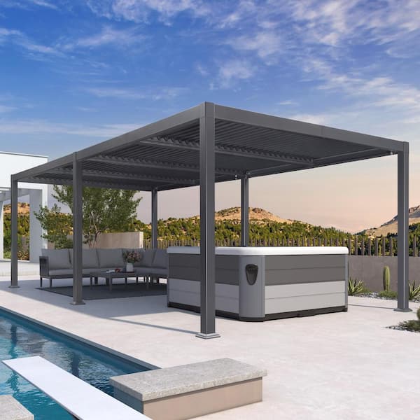 11.4 ft. x 23.3 ft. Gray Aluminum Outdoor Louvered Pergola with 4 Individual Adjustable Roofs and In-Built Gutter System