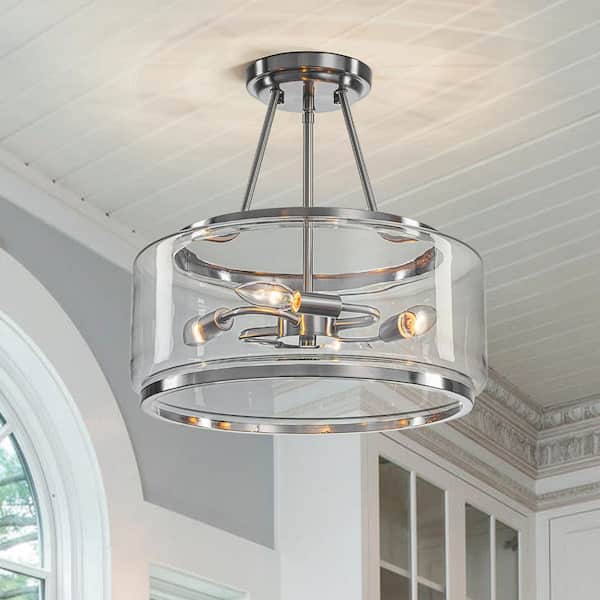 16 in. 4-Light Drum Brushed Nickel Semi-Flush Mount with Clear Glass Shade for Kitchen Foyer Bedroom