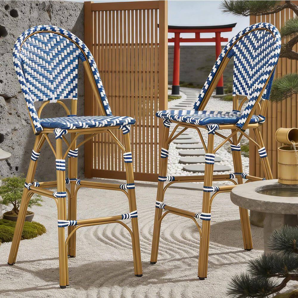 Navy Blue and White Bamboo Print Finish PE Rattan and Aluminum Outdoor Bar Stool (2-Pack) price history on PriceWatchPro