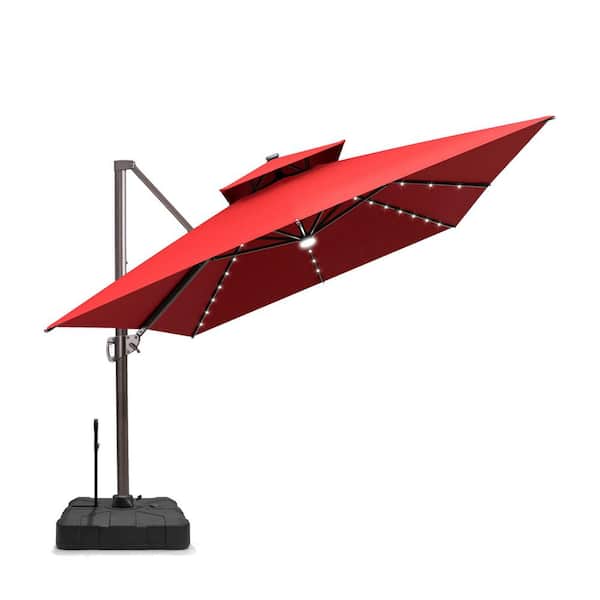 13 ft.x 10 ft. Solar LED Lighted Outdoor Cantilever Offset 360° Rotation Patio Umbrella in Red With 300 lbs.Base Stand