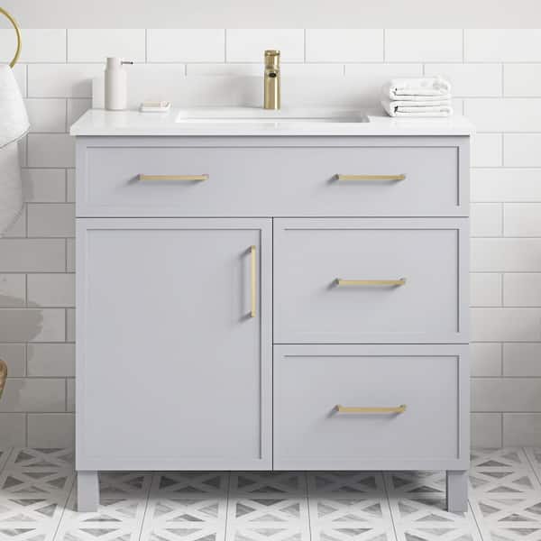 Home Decorators Collection Bilston 36 in. W x 19 in. D x 34 in. H Single Sink Bath Vanity in Dove Gray with White Engineered Stone Top