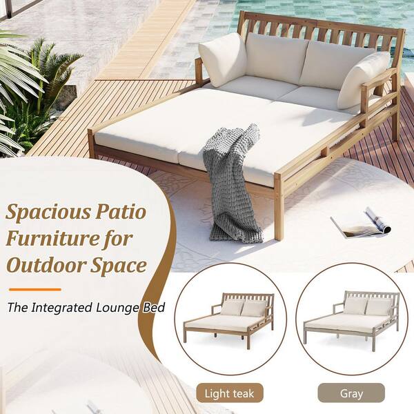 セットアップ Light Teak Wood Outdoor Double Daybed, Patio Chaise Lounge
