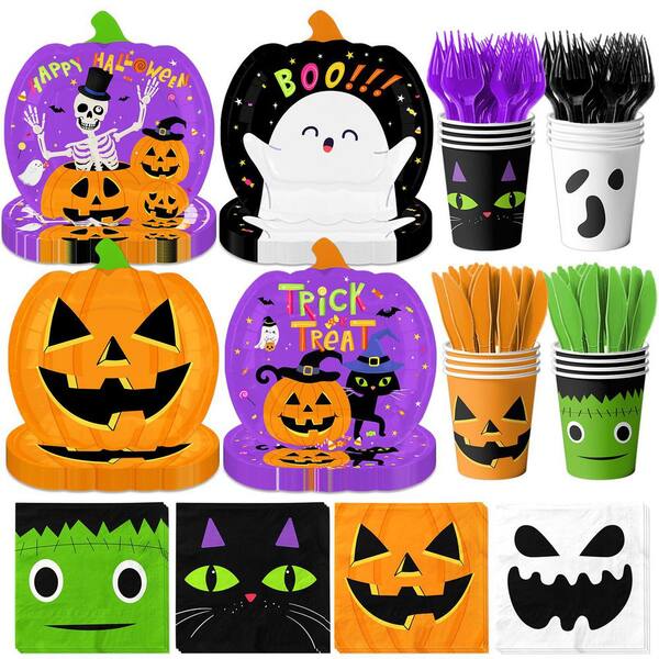 144-Piece Halloween Plates, Napkins, Cups and Forks Party Set with Pumpkins and Ghost Designs for 24 Guests