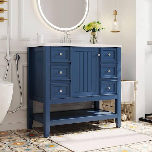 36 in. Single Sink Freestanding Blue Bath Vanity with White Ceramic Top