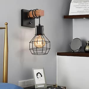 8.66 in. 1-Light Vintage Wooden Rustic Dimmable Wall Sconce for Indoor Living Room Bedroom w/ Black Cage Shade (1-Piece)