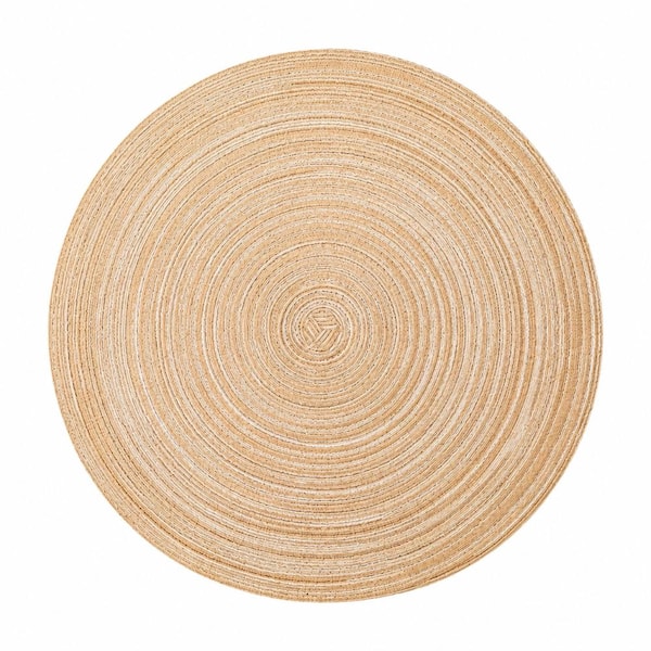 14.4 in. Round Beige/Honey Cotton Polyester Braided Woven Placemats, Washable Non-Slip Set of 6 for Dining Tables