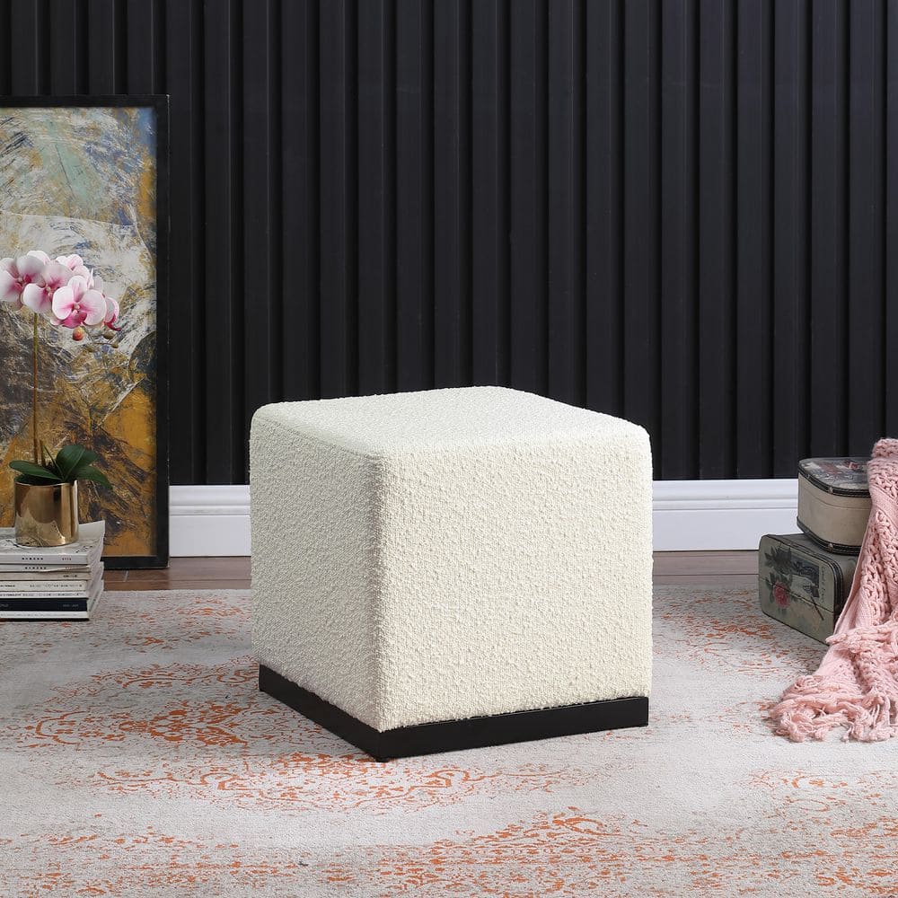 Cream Boucle Cube Ottoman with Black Metal Base