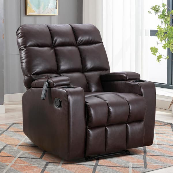 Bestier 33.5 in. W Brown Faux Leather Manual Recliner with Massage and Arm Storage and 2 Cup Holders L502933A BROW The Home Depot