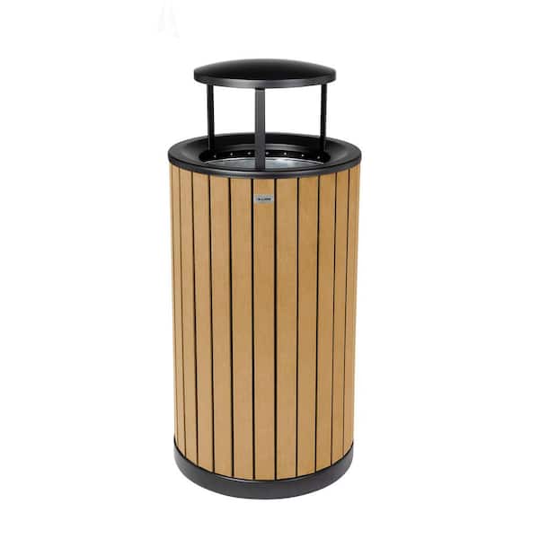 32 gal. All-Weather Cedar Steel Round Vented Commercial Outdoor Trash Can Garbage Receptacle with Bonnet Lid and Liner