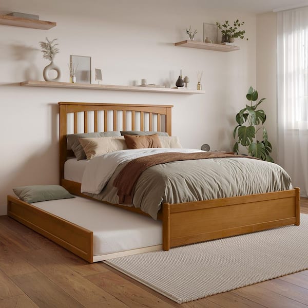 AFI Everett Light Toffee Natural Bronze Solid Wood Frame Full Platform Bed with Panel Footboard Twin Trundle