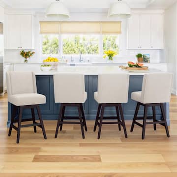 LUE BONA Joyce 26 in. Linen Fabric Upholstered Swivel Bar Stool with Solid Wood Leg High Back Counter Bar Stool (Set of 4) QYS-LINEN-4
