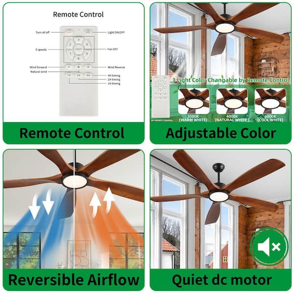 60 in. Indoor Brown Modern Ceiling Fan with LED Light with Remote Included, Downrod Mount