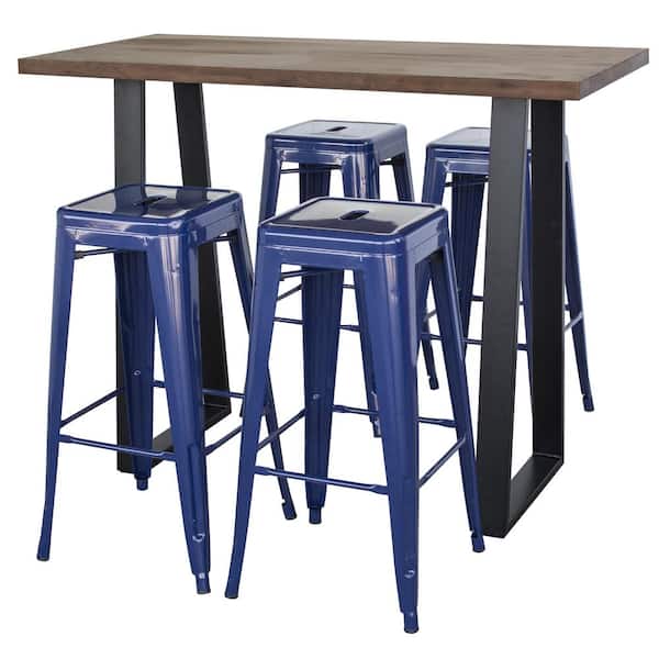 AmeriHome 51.25 in Rectangle, Black Iron, Acacia Wood Top Pub Table with Blue Bar Stools (Seats 4)