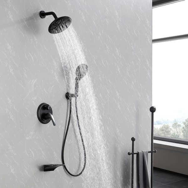 Wall Mount Single-Handle 9-Spray Tub and Shower Faucet with 8 in. Shower Head in Matte Black (Valve Included)