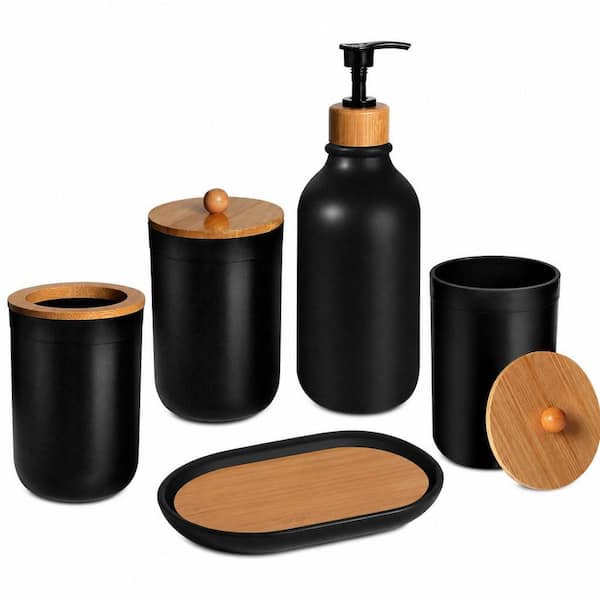 5-Piece Bathroom Accessory Set with Soap Dispenser and Toothbrush Holder Set, Soap Dish, Cotton Swab Jar in Black