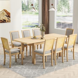 Rustic 9-Piece Natural Extendable Rectangle Wood Top Dining Set with 24 in. Removable Leaf and 8 Upholstered Chairs