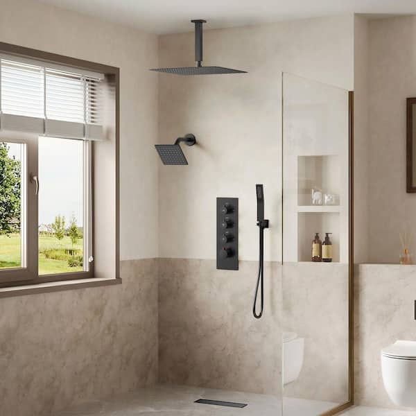 Modern 16 in. Thermostatic 7-Spray Ceiling Mount Dual Fixed and Handheld Shower Head 2.5 GPM in Matte Black with Valve