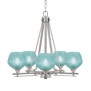 Ontario 23.25 in. 5-Light Aged Silver Geometric Chandelier for Dinning Room with Turquoise Shades No Bulbs Included