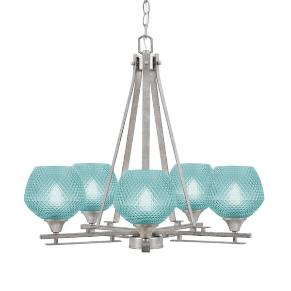 Unbranded Ontario 23.25 in. 5-Light Aged Silver Geometric Chandelier for Dinning Room with Turquoise Shades No Bulbs Included