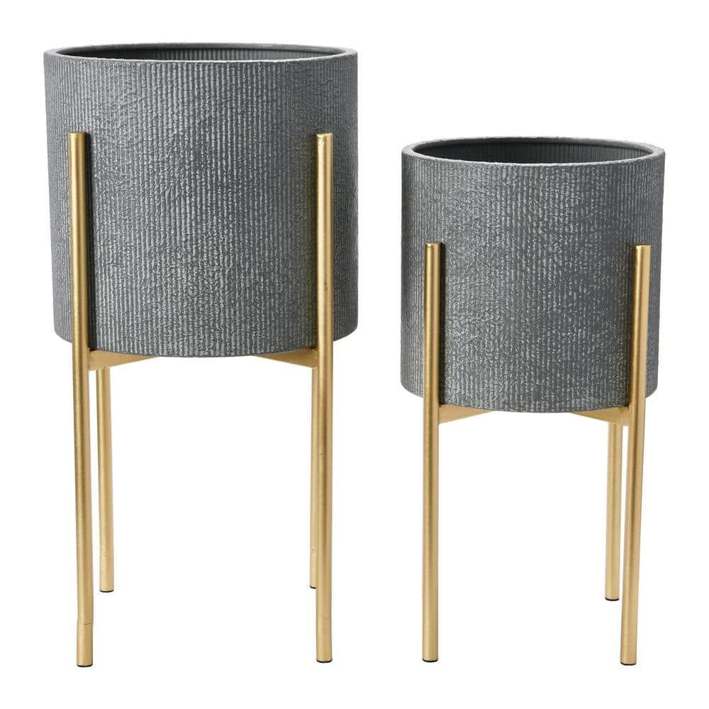 Storied Home 13.75 in. Charcoal Gray and Gold Iron Floor Planters with Stand (2-Pack)