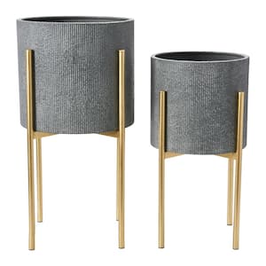 13.75 in. Charcoal Gray and Gold Iron Floor Planters with Stand (2-Pack)