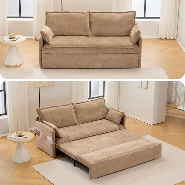 59.5 in. Khaki Chenille Full Size Pull-Out Sofa Bed with Side Storage, USB/C-TYPE Charging Ports