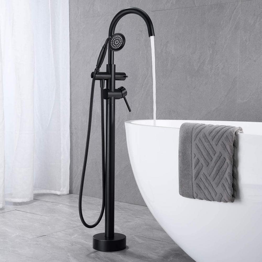 Matte Black Double Handle Freestanding Tub Filler Faucet with Hand Shower