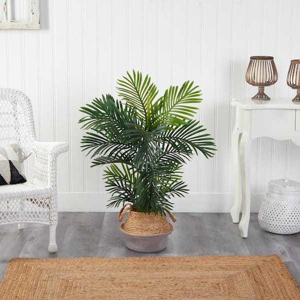 Nearly Natural 40 in. Areca Artificial Palm Tree in Boho Chic Handmade Cotton and Jute Gray Woven Planter UV Resistant (Indoor/Outdoor)