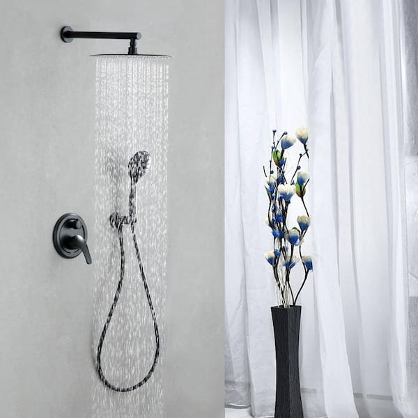 Wall Mount Single-Handle 5-Spray Round Shower Faucet with 12 in. Shower Head in Matte Black (Valve Included)