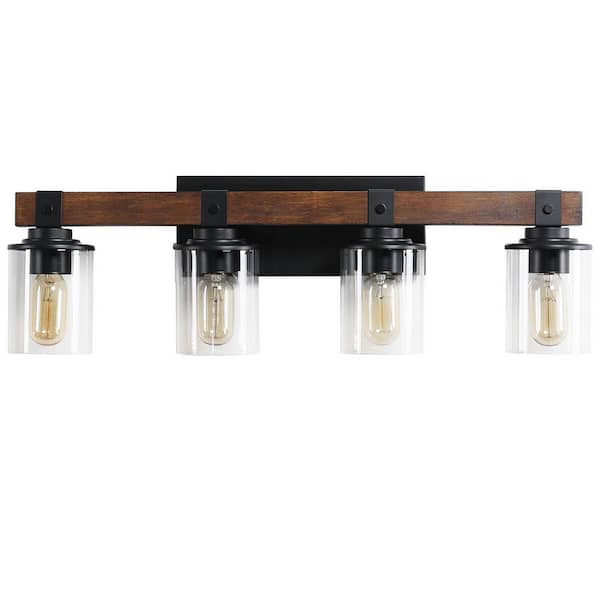 27.2 in. 4-Lights Walnut Vanity Light with Glass Shades and Wood Accent,Industrial Bathroom Wall Sconce (No Bulbs)