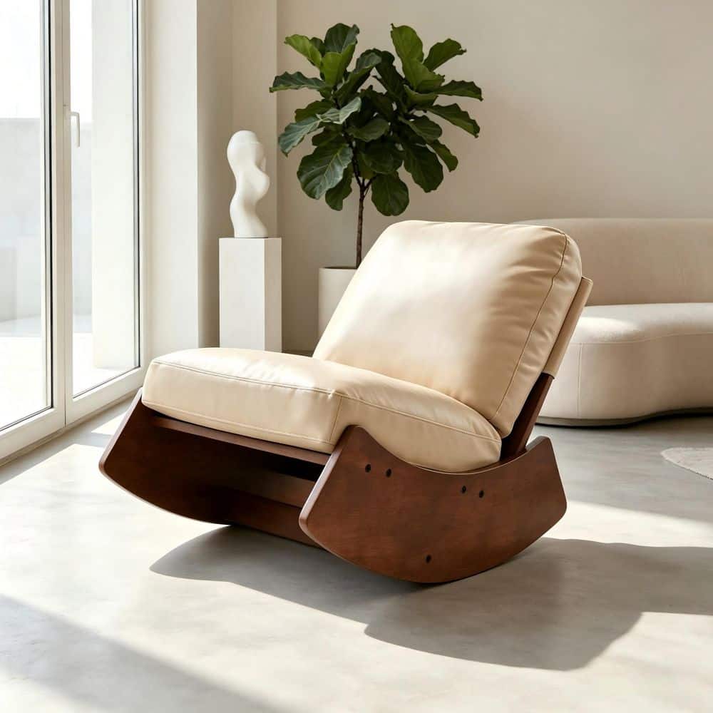 Modern Cream Faux Leather Upholstery Nursery Glider Rocking Chair Accent Reading Chair with Solid Wood Frame