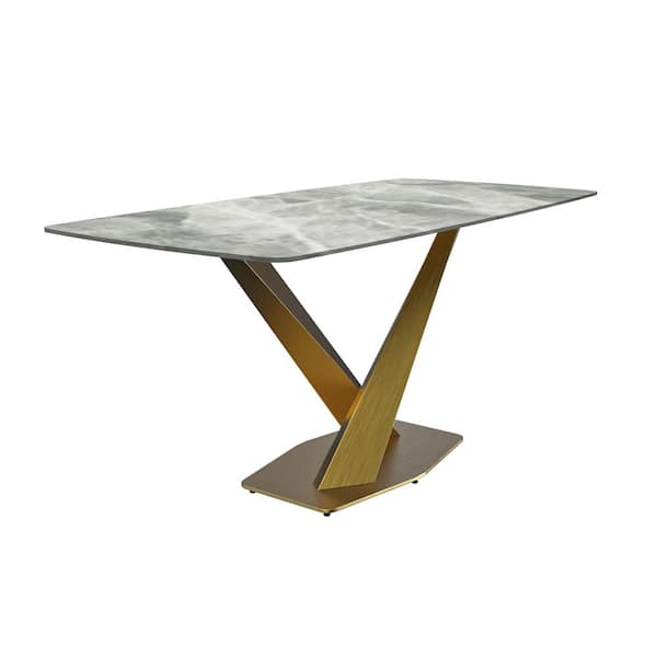 Leisuremod Voren Modern Light Grey Stone Tabletop 71 in. Double Pedestal Base Dining Table 10-Seater in Gold Stainless Steel