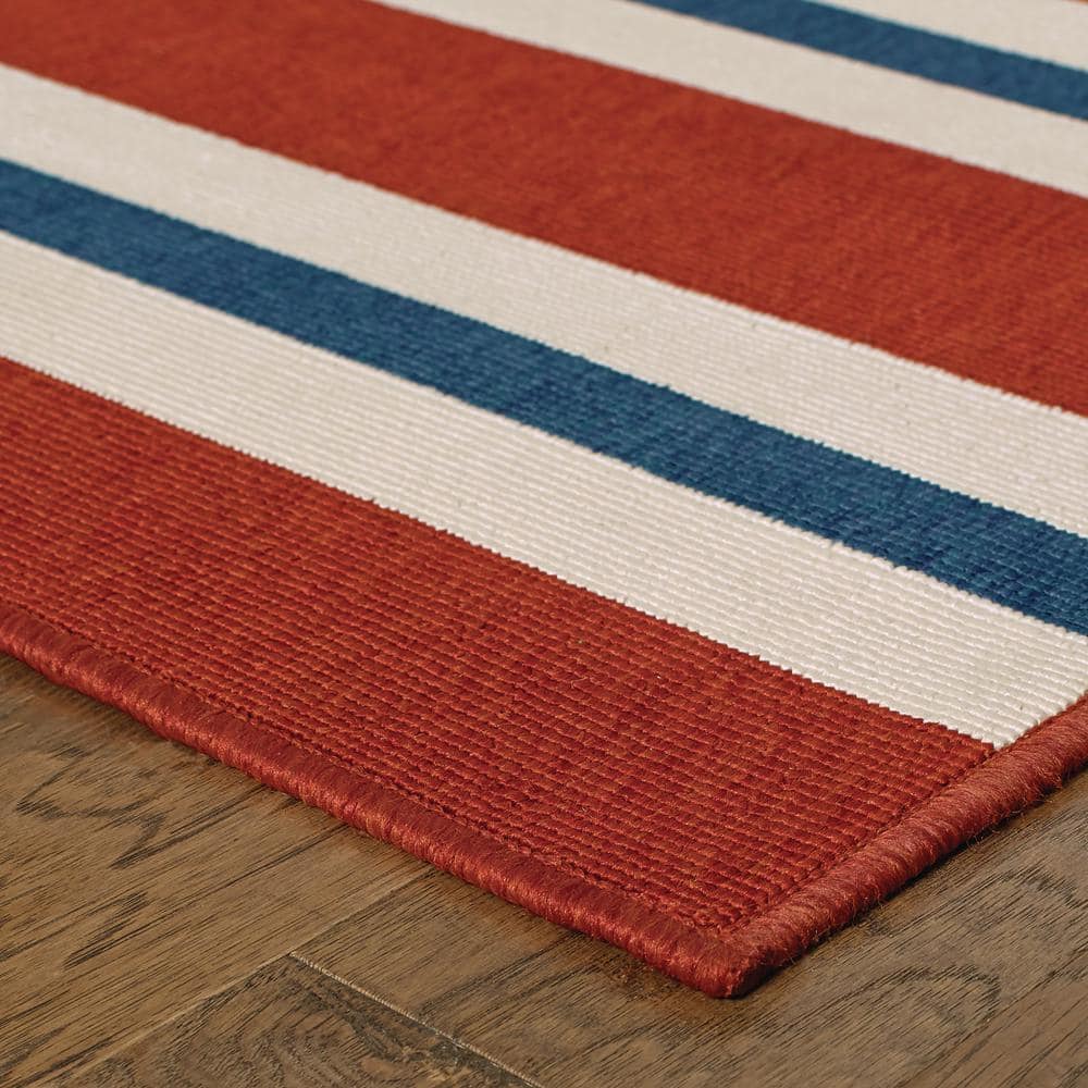 Red and White Striped Polypropylene Outdoor Rug, 7'10" x 10'10"