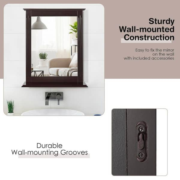 WELLFOR 22.5 in. W x 27 in. H Rectangular MDF Framed Wall Bathroom Vanity Mirror in Brown with Bottom Shelf