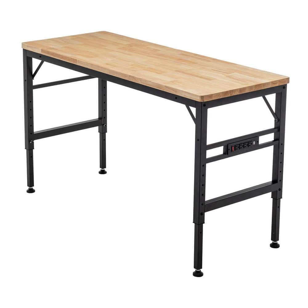 60 in. W x 23.6 in. D Adjustable Height Black Workbench Table with Solid Wood Top and Power Outlets, 2000 lbs. Capacity price history on PriceWatchPro