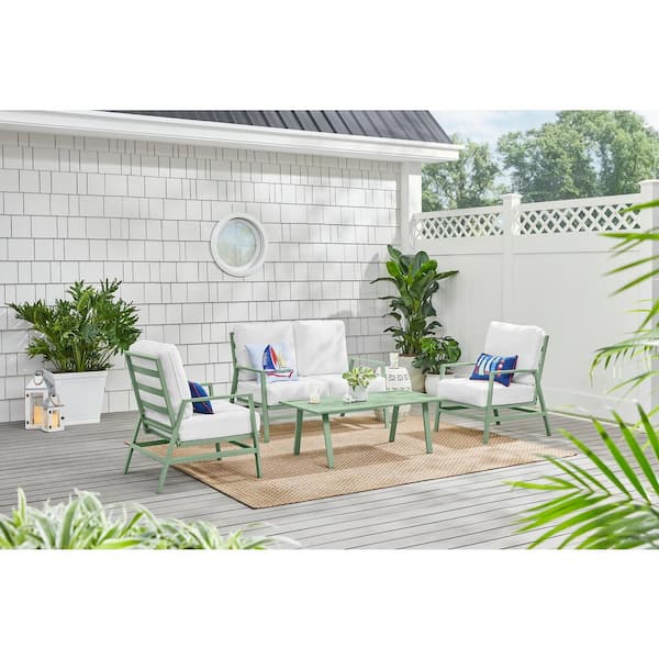 Hampton Bay Sunnymead 4-Piece Metal Outdoor Chat Set with Bright White Cushions