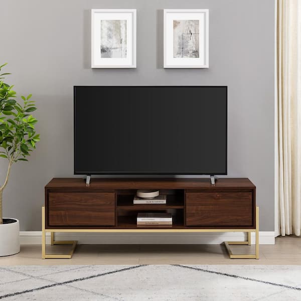 Walker Edison Furniture Company 60 in. Dark Walnut Wood Modern TV Stand with 2 Drawers Fits TVs up to 65 in. with Removable Shelf