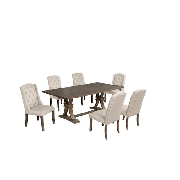 Best Quality Furniture Elise 7-Piece Rectangle Rustic Grey Finish Wood Top Dining Set with 4-Beige Linen Fabric Side Chairs and 2-Wing Chairs