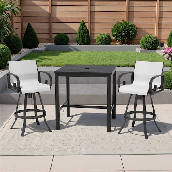 3-Piece Square Aluminum Outdoor Dining Set with 35.4 in. Table and Bar Stool in Oyster Sunbrella