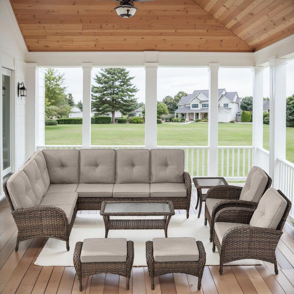 Carlos 8-Piece All-Weather Brown Wicker Patio Conversation Set with Beige Cushions and Coffee Table price history on PriceWatchPro
