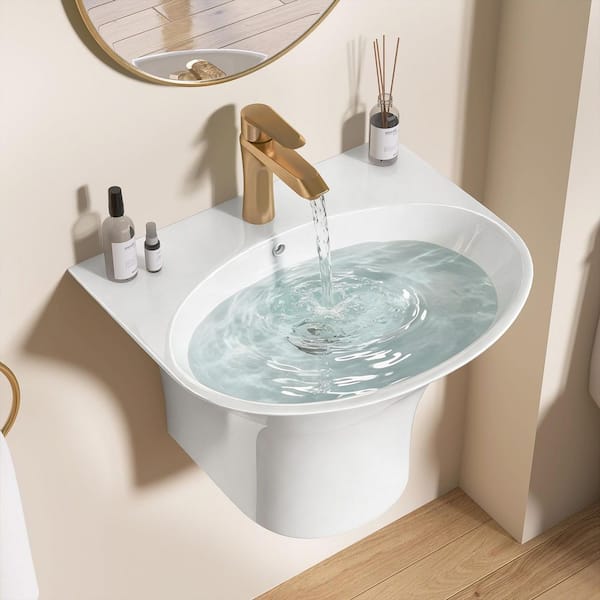 22 in Ceramic Round Wall-Mount Round Bathroom Sink Wall Hung Basin in Glossy White Pop-Up Drain and Faucet Included