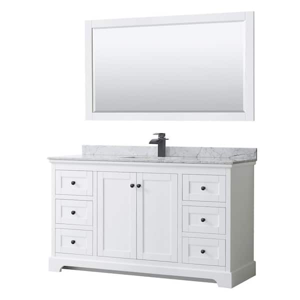 Wyndham Collection Avery 60 in. W x 22 in. D x 35 in. H Single Bath Vanity in White with White Carrara Marble Top & 58" Mirror