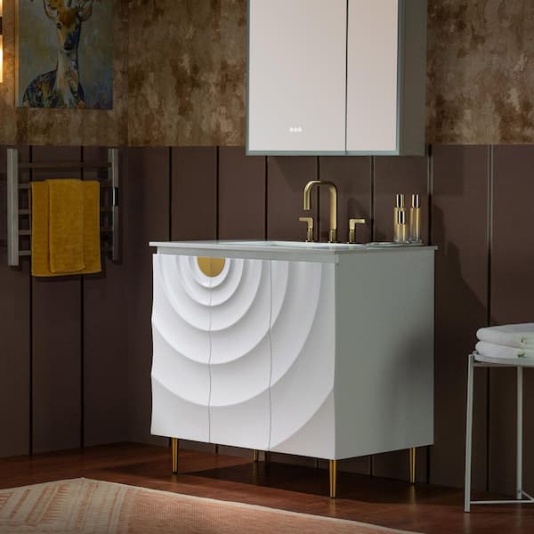 35.88 in. W x 22 in. D Single Sink Freestanding Bath Vanity in White with White Engineered stone Vanity Top