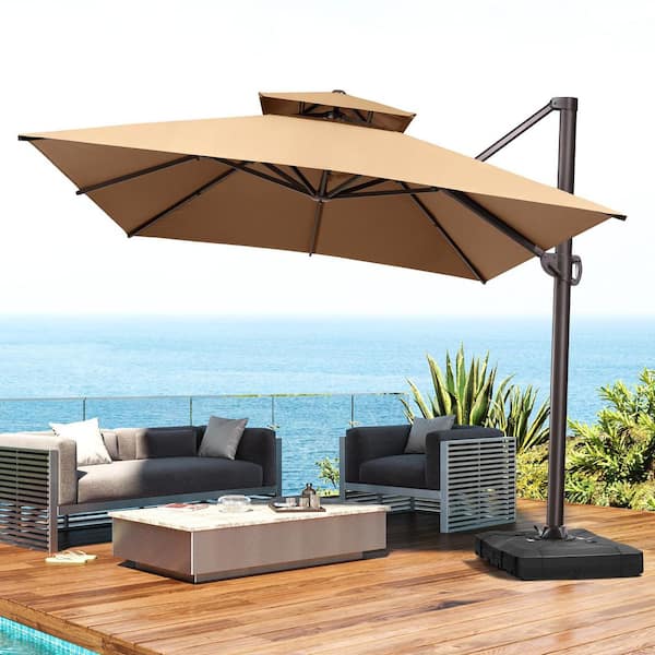 10 ft. x 13.5 ft. Aluminum Cantilever Offset Tilt 360° Rotation Patio Umbrella in Tan and 350 lbs. Wheeled Base