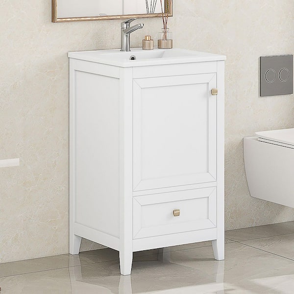 20 in. Single Sink Freestanding White Bath Vanity with White Ceramic Top, Adjustable Foot Pads