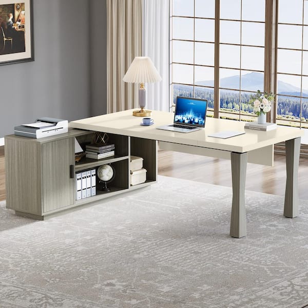 Halseey 71 in. L Shaped White Grey Wood Computer Desk with File Cabinet, Executive Desk with Storage, Shelves and Door