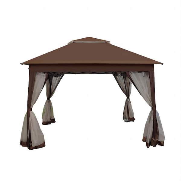 11 ft. x 11 ft. Pop Up Gazebo Canopy Pavilion with Mosquito Zipper Netting and 4-Sandbags, Brown