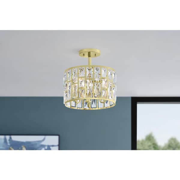 Home Decorators Collection Kristella 12.50 in. 3-Lights Round Soft Gold Drum Semi Flush Mount Ceiling Light with Clear Crystal Glass